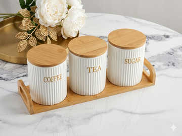 Modern Ribbed Ceramic Kitchen Canister Set with Bamboo Tray